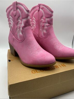 Pink Cowboy Boots Embroidered Western Boots Mid Calf Global Win 7 Women’s